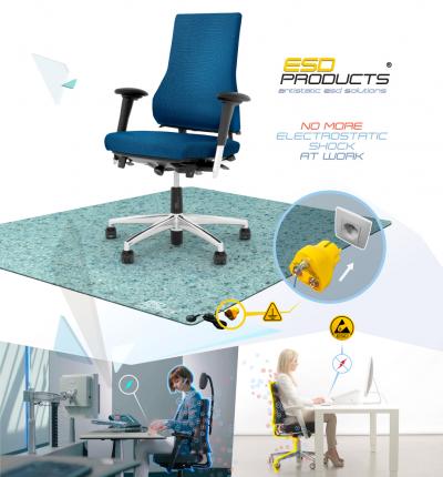 Static Free Office Solution ESD Office Chair Blue With Armrests + ESD Office Chair Mat Light Blue With Grounding Plug